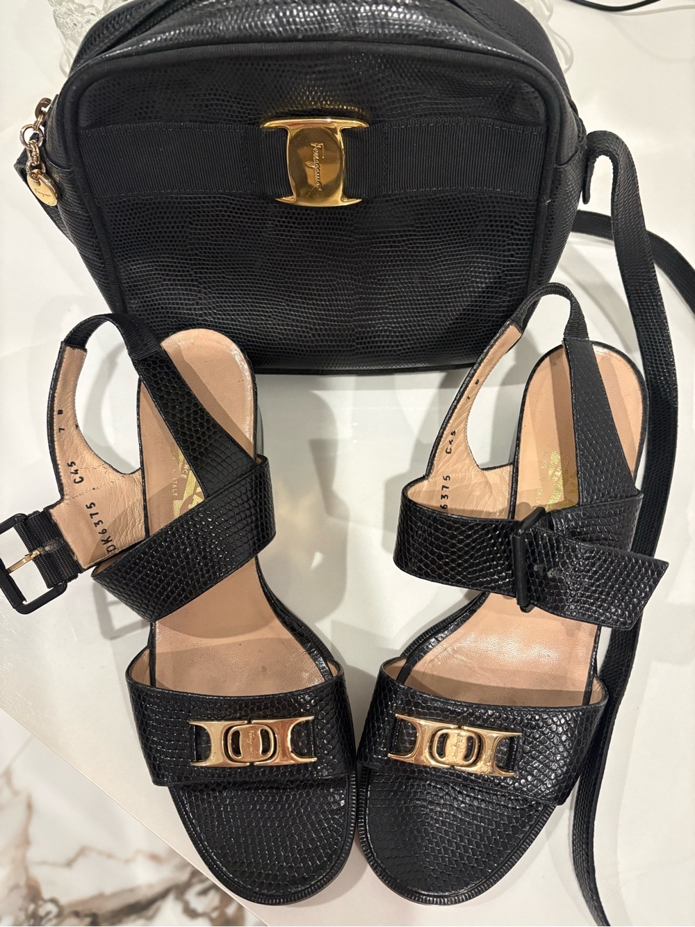 Prada Black Leather Slingback Sandals with Gold Hardware